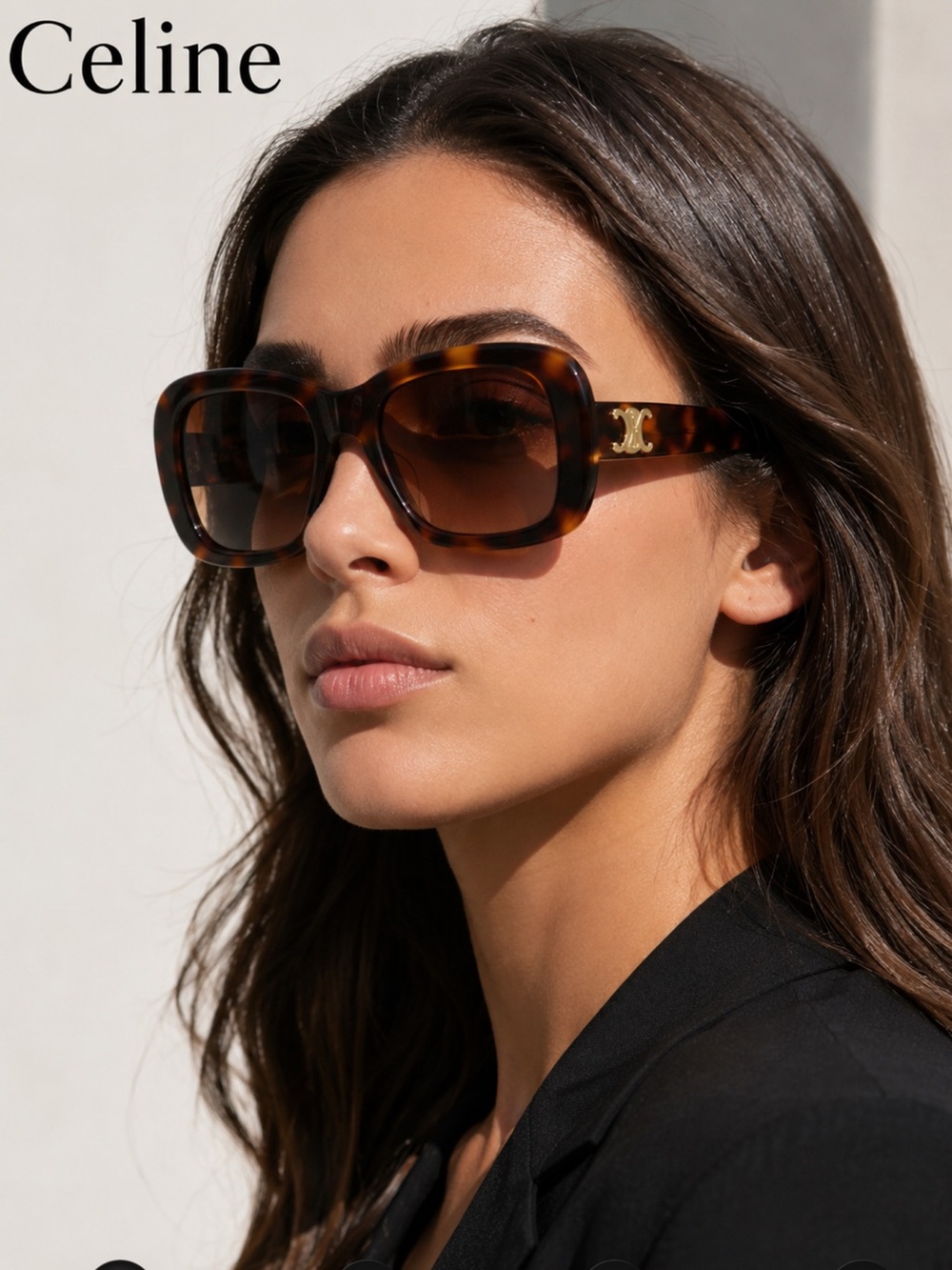 Celine Tortoiseshell Square Sunglasses with Gold Logo